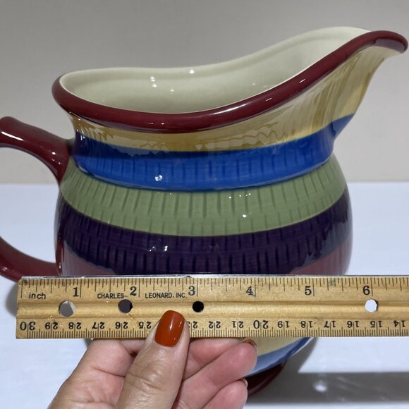 Longaberger Hand Painted Striped Pitcher Bright Multi Color Stripe Large 2 Quart - Picture 13 of 13